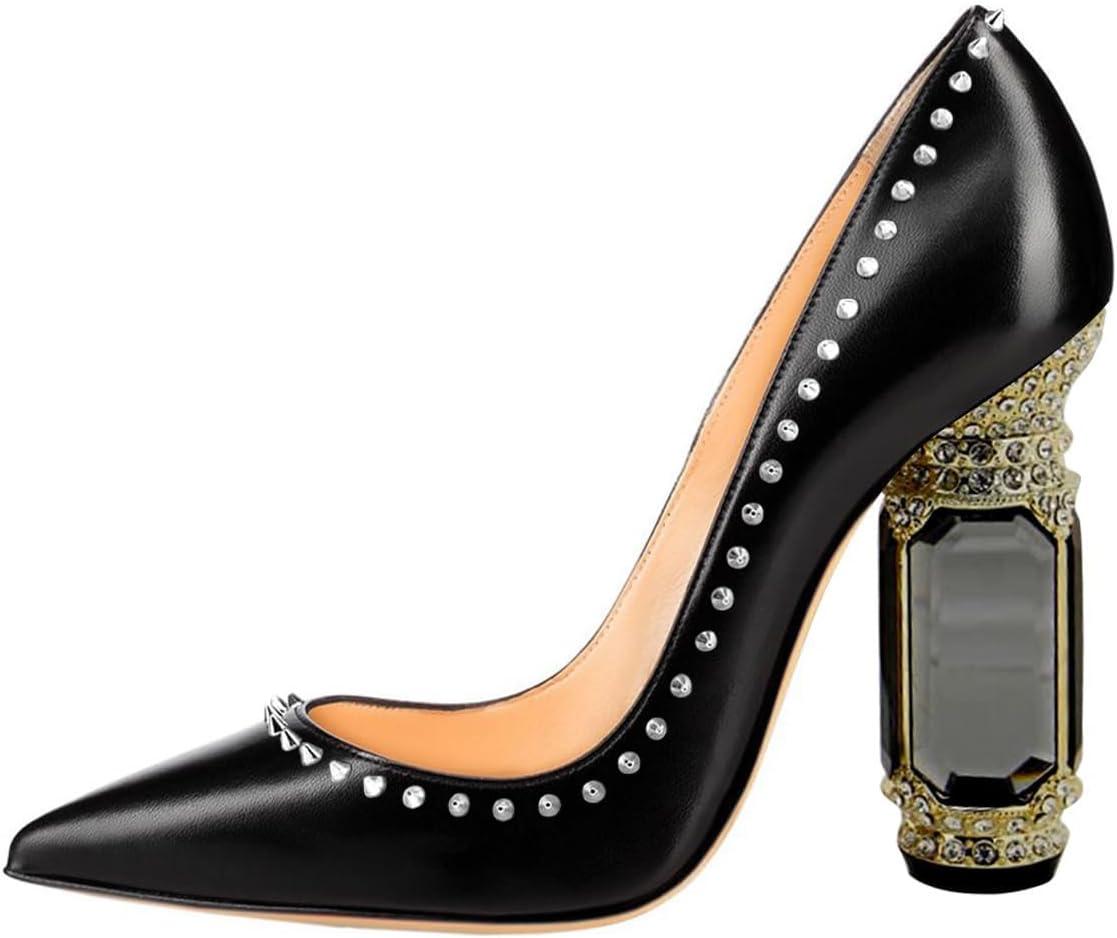 imageFSJ Women Bridal Pointed Toe Chunky Block High Heel Crystal Pumps Slip on Wedding Thick Comfort Evening Dress Studded Rivets ShoesBlack Matte Leather