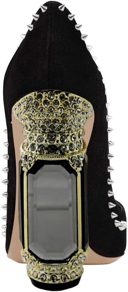 imageFSJ Women Bridal Pointed Toe Chunky Block High Heel Crystal Pumps Slip on Wedding Thick Comfort Evening Dress Studded Rivets ShoesBlack Suede