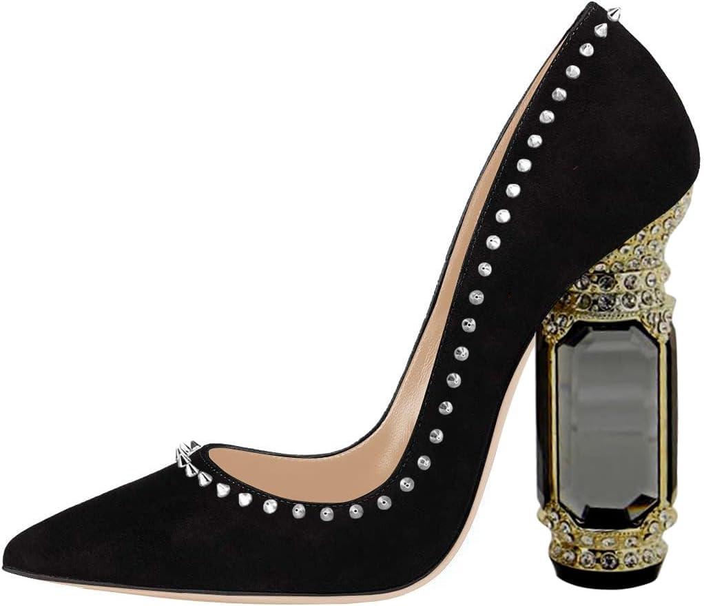 imageFSJ Women Bridal Pointed Toe Chunky Block High Heel Crystal Pumps Slip on Wedding Thick Comfort Evening Dress Studded Rivets ShoesBlack Suede