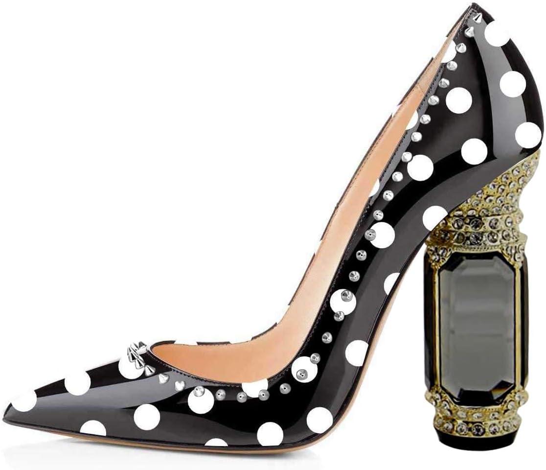imageFSJ Women Bridal Pointed Toe Chunky Block High Heel Crystal Pumps Slip on Wedding Thick Comfort Evening Dress Studded Rivets ShoesBlack and White Polka Dots