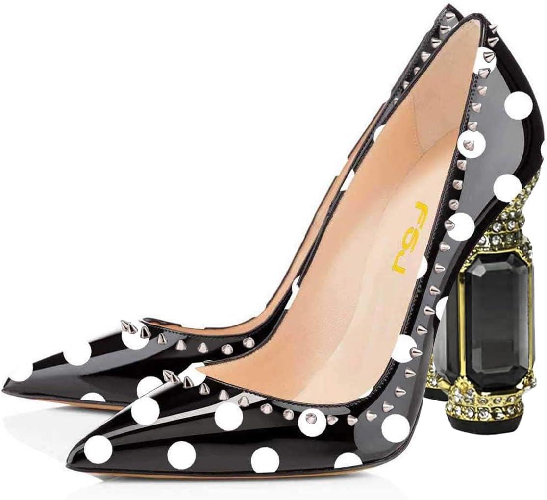 imageFSJ Women Bridal Pointed Toe Chunky Block High Heel Crystal Pumps Slip on Wedding Thick Comfort Evening Dress Studded Rivets ShoesBlack and White Polka Dots