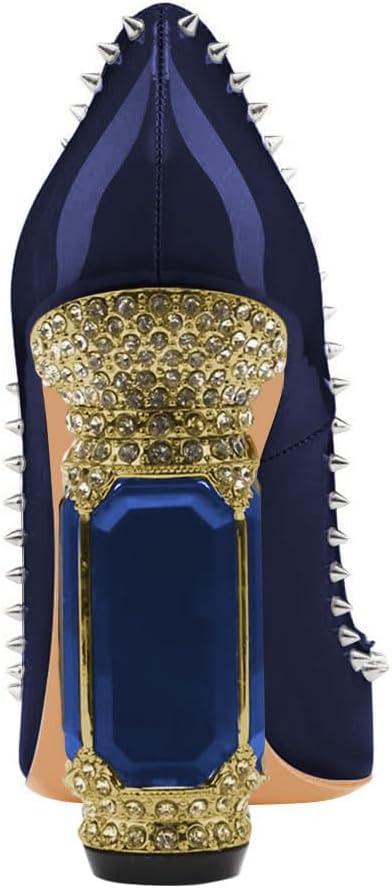 imageFSJ Women Bridal Pointed Toe Chunky Block High Heel Crystal Pumps Slip on Wedding Thick Comfort Evening Dress Studded Rivets ShoesBlue