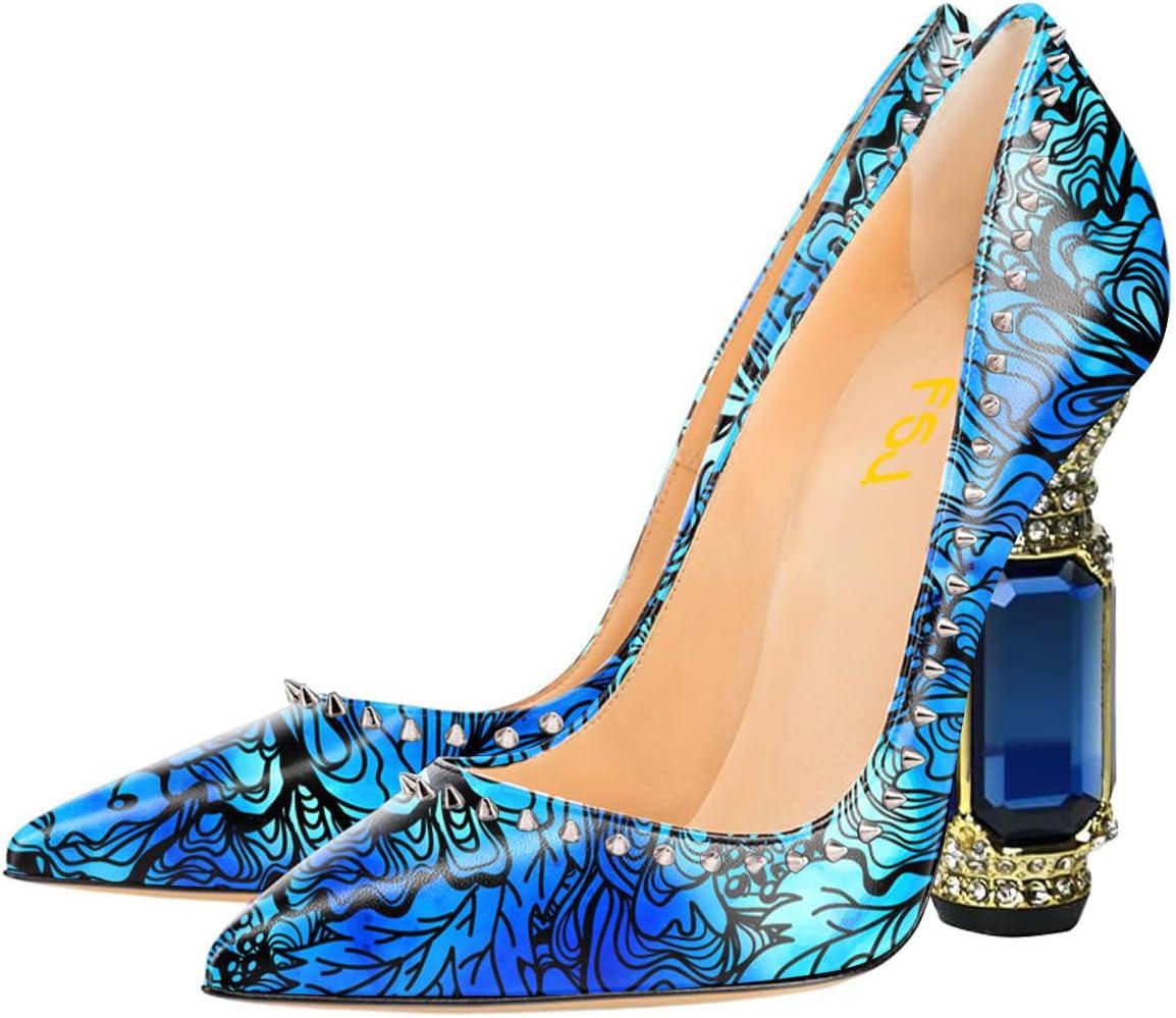 imageFSJ Women Bridal Pointed Toe Chunky Block High Heel Crystal Pumps Slip on Wedding Thick Comfort Evening Dress Studded Rivets ShoesBlue Lines