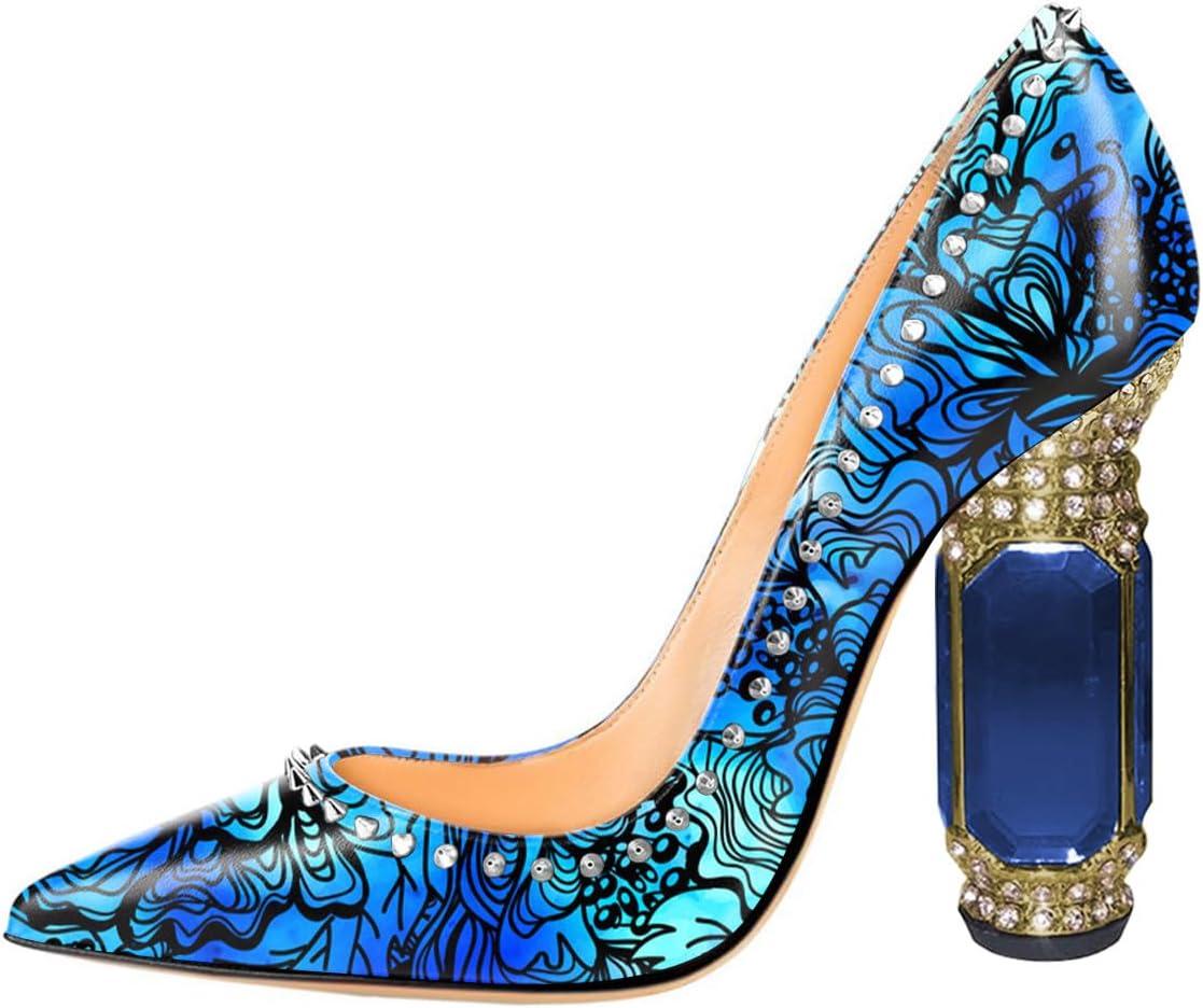 imageFSJ Women Bridal Pointed Toe Chunky Block High Heel Crystal Pumps Slip on Wedding Thick Comfort Evening Dress Studded Rivets ShoesBlue Lines