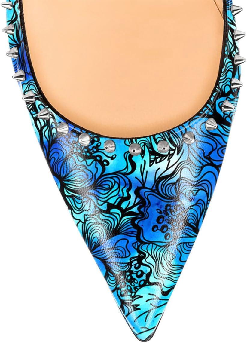 imageFSJ Women Bridal Pointed Toe Chunky Block High Heel Crystal Pumps Slip on Wedding Thick Comfort Evening Dress Studded Rivets ShoesBlue Lines