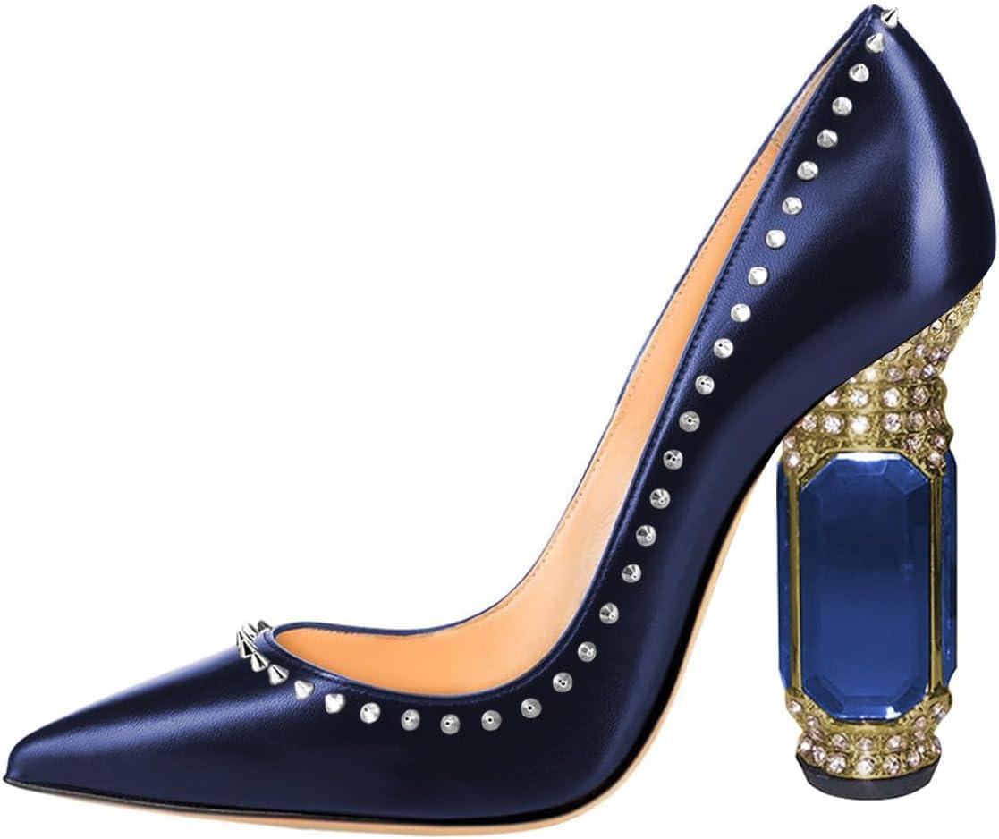 imageFSJ Women Bridal Pointed Toe Chunky Block High Heel Crystal Pumps Slip on Wedding Thick Comfort Evening Dress Studded Rivets ShoesBlue Matte Leather