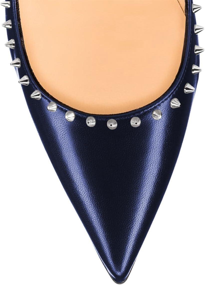 imageFSJ Women Bridal Pointed Toe Chunky Block High Heel Crystal Pumps Slip on Wedding Thick Comfort Evening Dress Studded Rivets ShoesBlue Matte Leather