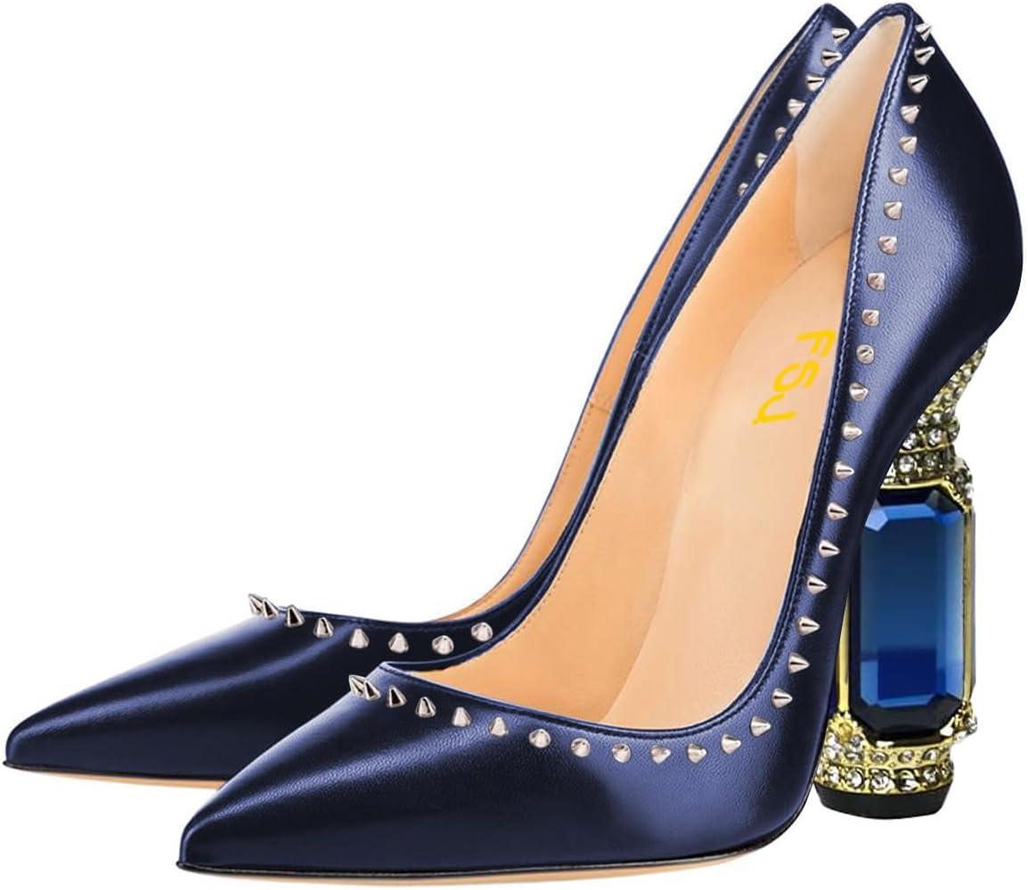 imageFSJ Women Bridal Pointed Toe Chunky Block High Heel Crystal Pumps Slip on Wedding Thick Comfort Evening Dress Studded Rivets ShoesBlue Matte Leather