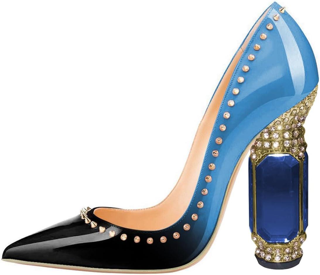 imageFSJ Women Bridal Pointed Toe Chunky Block High Heel Crystal Pumps Slip on Wedding Thick Comfort Evening Dress Studded Rivets ShoesBlueblack