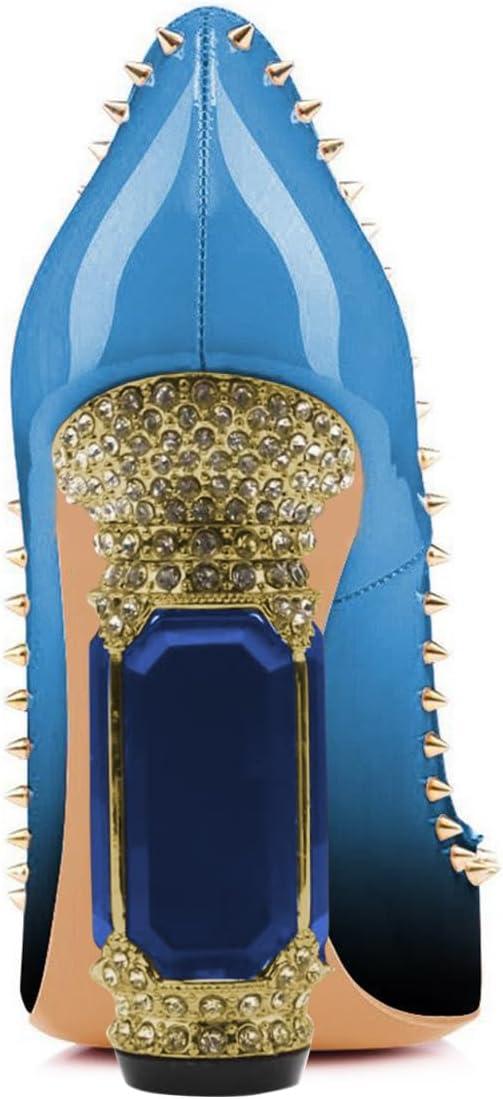 imageFSJ Women Bridal Pointed Toe Chunky Block High Heel Crystal Pumps Slip on Wedding Thick Comfort Evening Dress Studded Rivets ShoesBlueblack