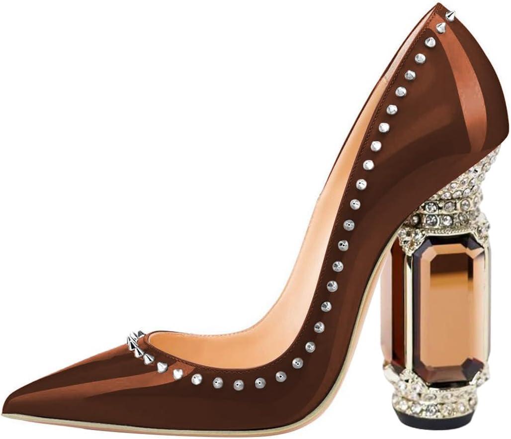 imageFSJ Women Bridal Pointed Toe Chunky Block High Heel Crystal Pumps Slip on Wedding Thick Comfort Evening Dress Studded Rivets ShoesBrown