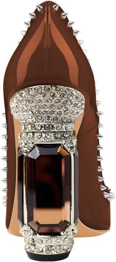 imageFSJ Women Bridal Pointed Toe Chunky Block High Heel Crystal Pumps Slip on Wedding Thick Comfort Evening Dress Studded Rivets ShoesBrown