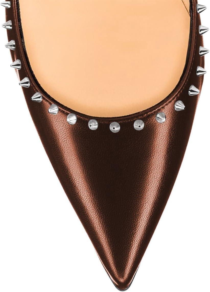 imageFSJ Women Bridal Pointed Toe Chunky Block High Heel Crystal Pumps Slip on Wedding Thick Comfort Evening Dress Studded Rivets ShoesBrown Matte Leather