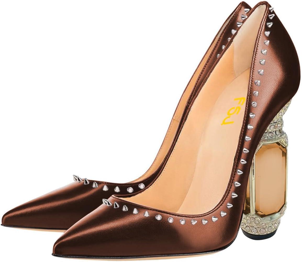 imageFSJ Women Bridal Pointed Toe Chunky Block High Heel Crystal Pumps Slip on Wedding Thick Comfort Evening Dress Studded Rivets ShoesBrown Matte Leather