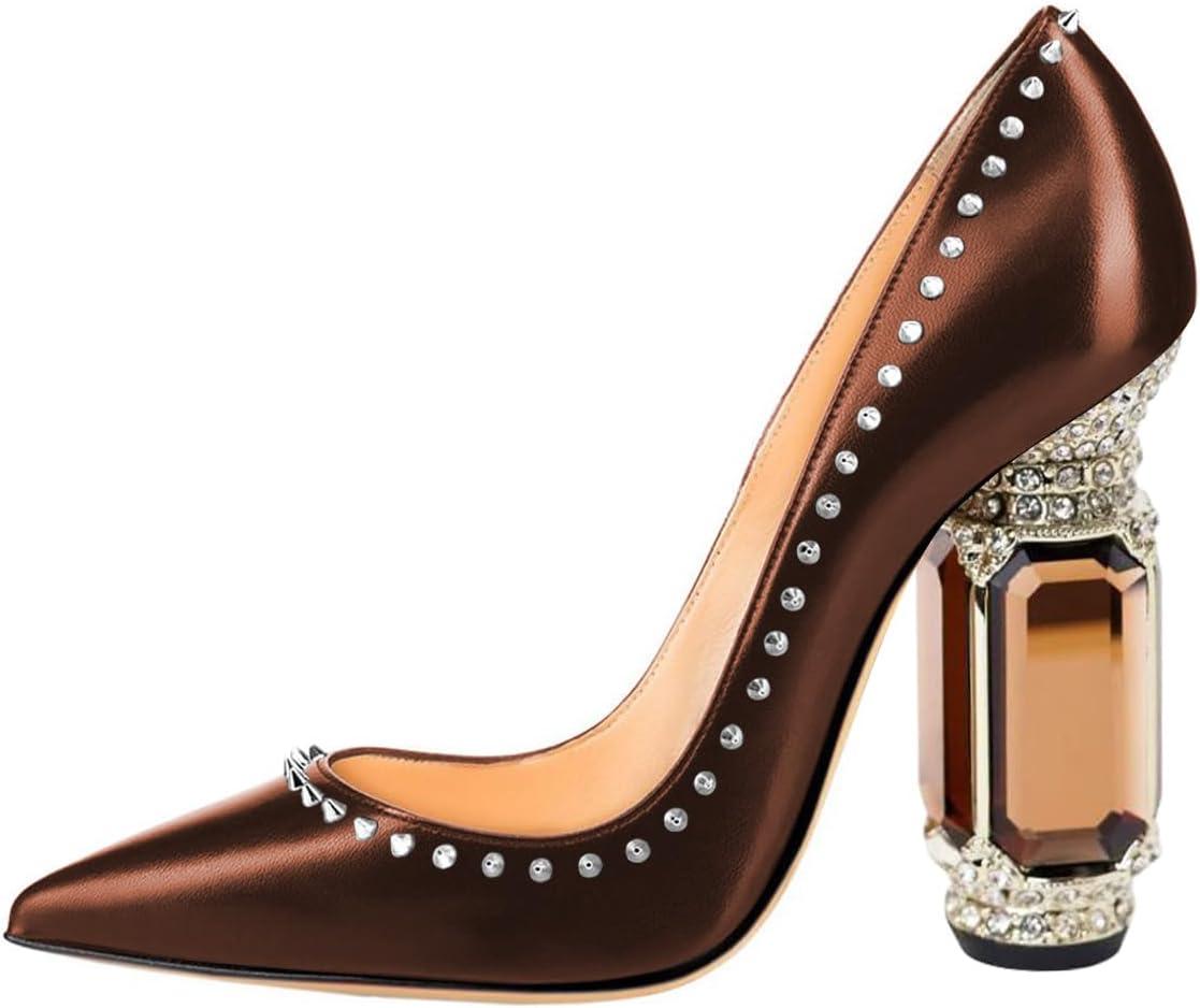 imageFSJ Women Bridal Pointed Toe Chunky Block High Heel Crystal Pumps Slip on Wedding Thick Comfort Evening Dress Studded Rivets ShoesBrown Matte Leather