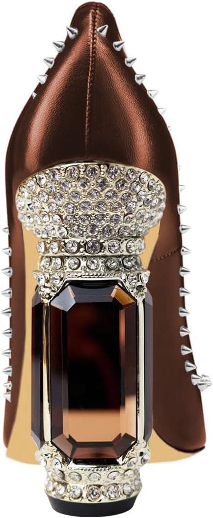 imageFSJ Women Bridal Pointed Toe Chunky Block High Heel Crystal Pumps Slip on Wedding Thick Comfort Evening Dress Studded Rivets ShoesBrown Matte Leather