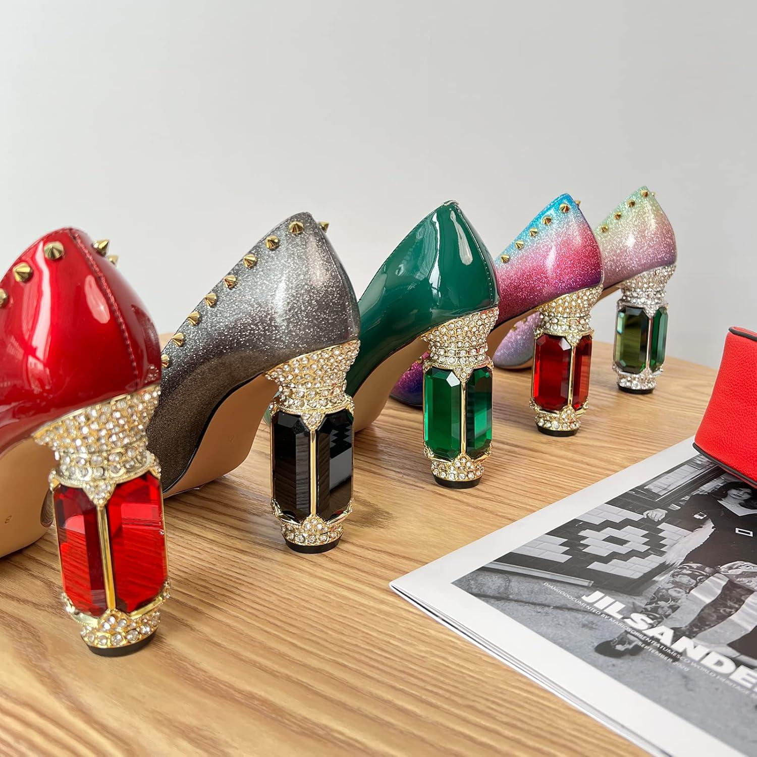 imageFSJ Women Bridal Pointed Toe Chunky Block High Heel Crystal Pumps Slip on Wedding Thick Comfort Evening Dress Studded Rivets ShoesColorful Rivets