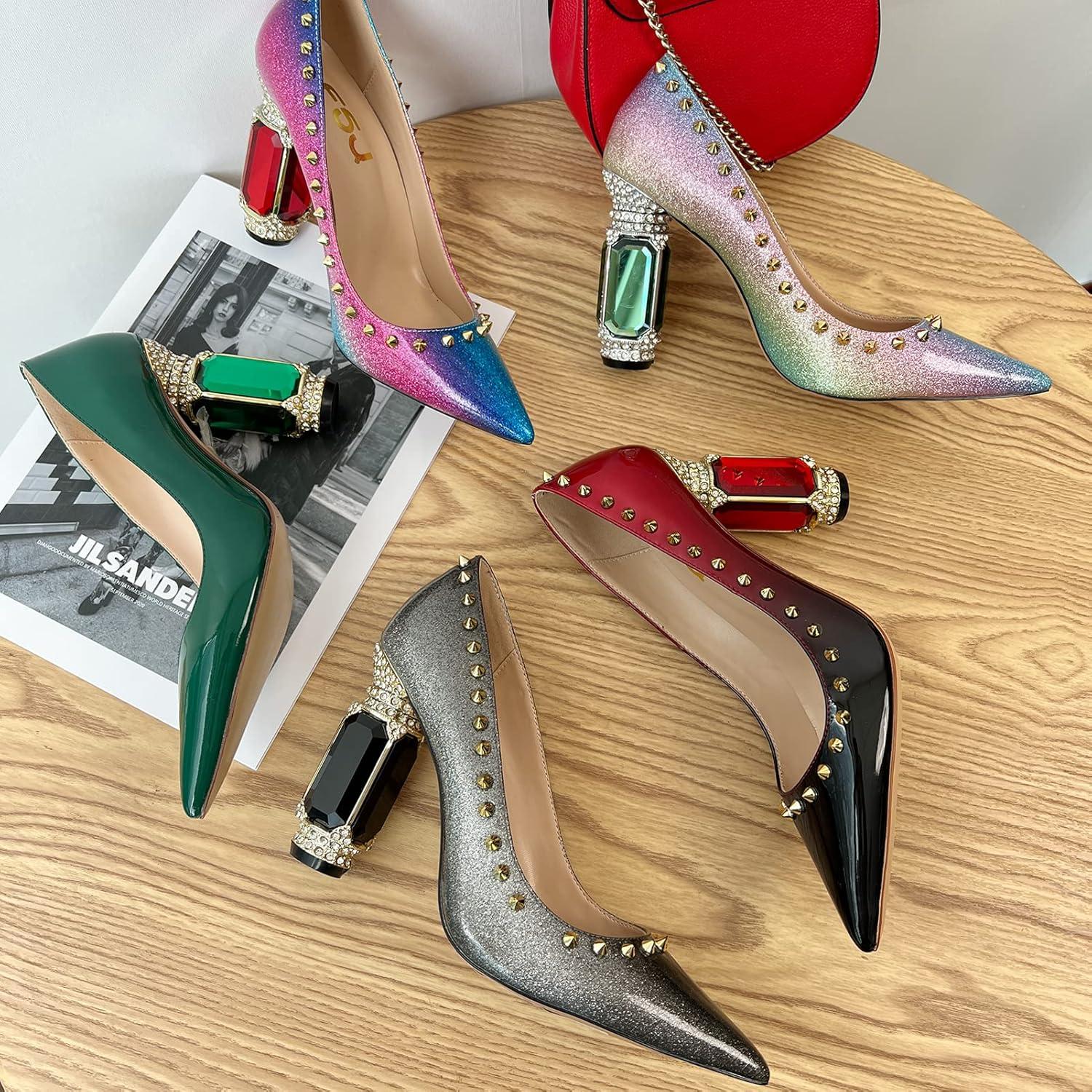 imageFSJ Women Bridal Pointed Toe Chunky Block High Heel Crystal Pumps Slip on Wedding Thick Comfort Evening Dress Studded Rivets ShoesColorful Rivets