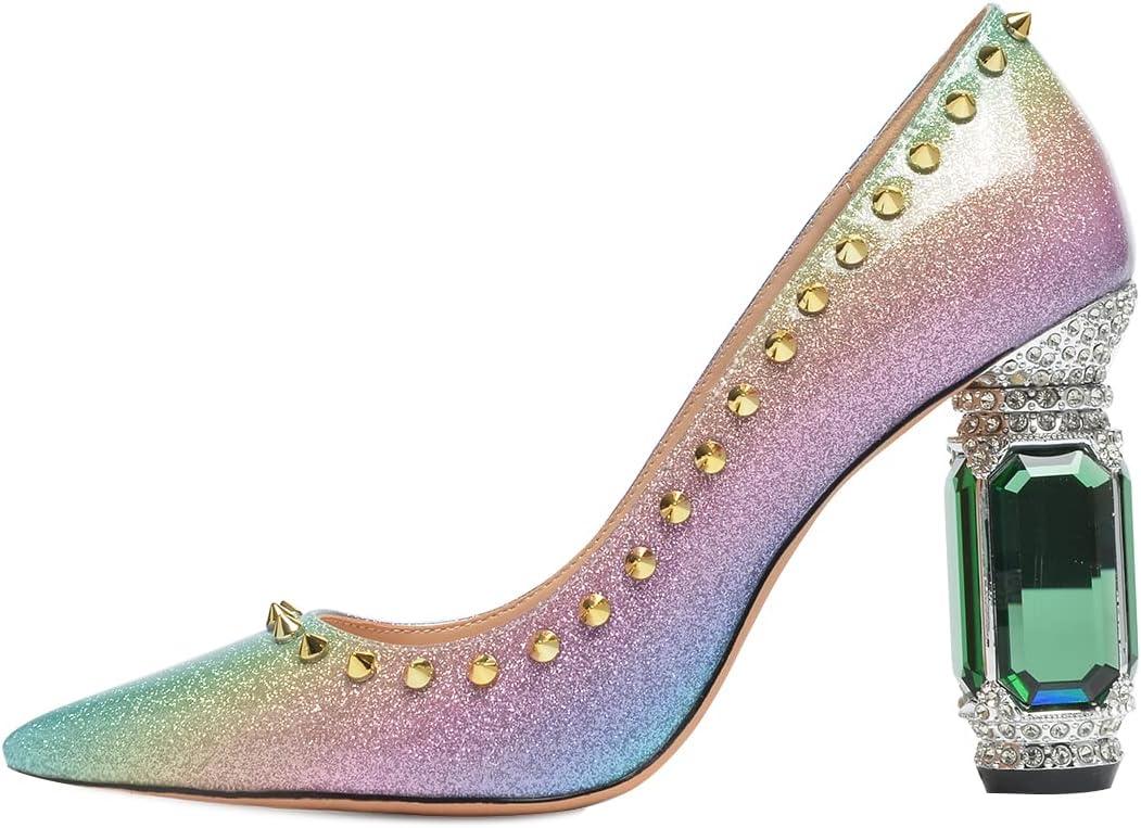 imageFSJ Women Bridal Pointed Toe Chunky Block High Heel Crystal Pumps Slip on Wedding Thick Comfort Evening Dress Studded Rivets ShoesColorful Rivets