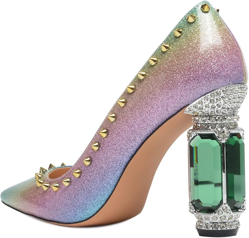 imageFSJ Women Bridal Pointed Toe Chunky Block High Heel Crystal Pumps Slip on Wedding Thick Comfort Evening Dress Studded Rivets ShoesColorful Rivets