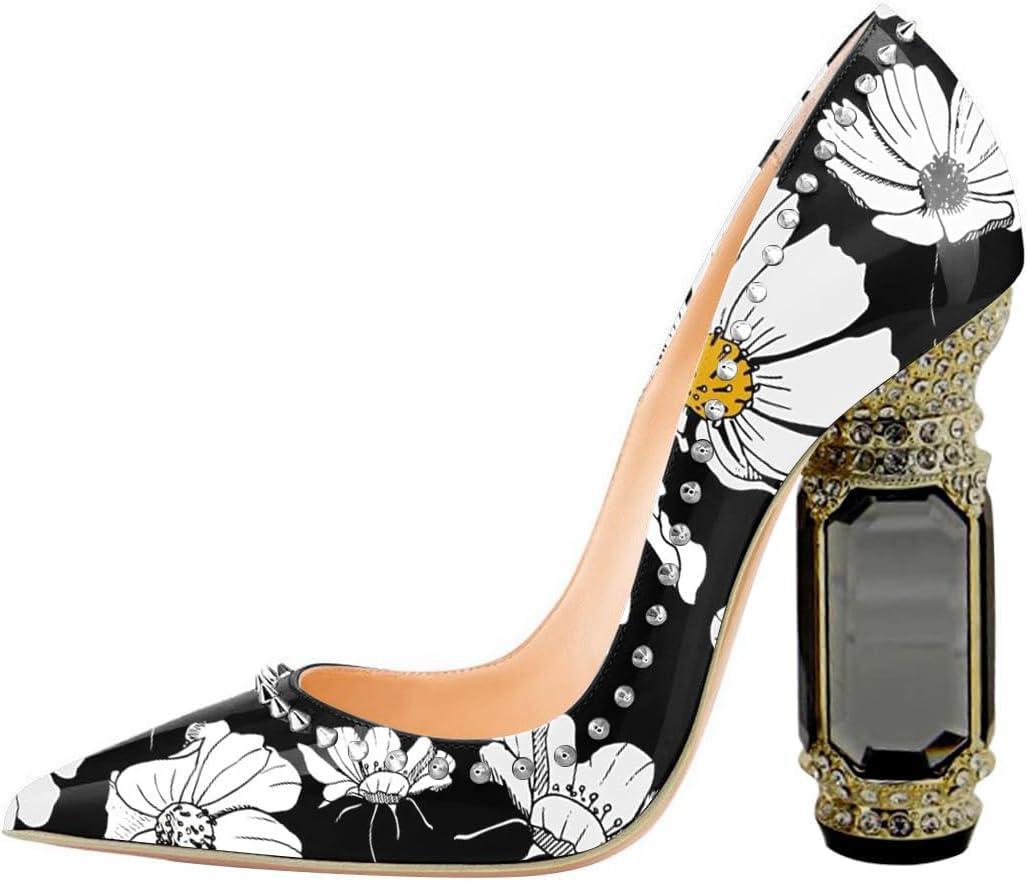 imageFSJ Women Bridal Pointed Toe Chunky Block High Heel Crystal Pumps Slip on Wedding Thick Comfort Evening Dress Studded Rivets ShoesDaisy