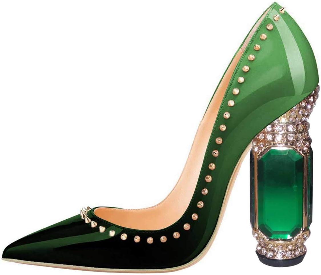 imageFSJ Women Bridal Pointed Toe Chunky Block High Heel Crystal Pumps Slip on Wedding Thick Comfort Evening Dress Studded Rivets ShoesEmerald Green