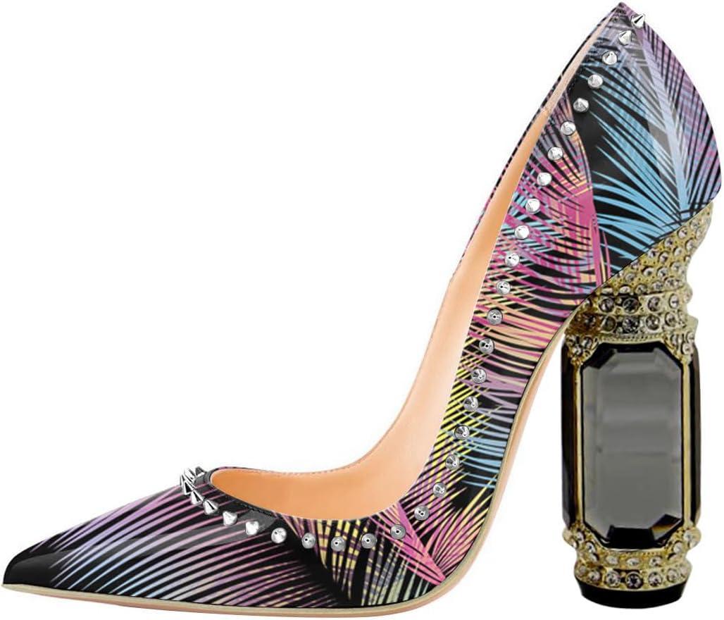 imageFSJ Women Bridal Pointed Toe Chunky Block High Heel Crystal Pumps Slip on Wedding Thick Comfort Evening Dress Studded Rivets ShoesFeather