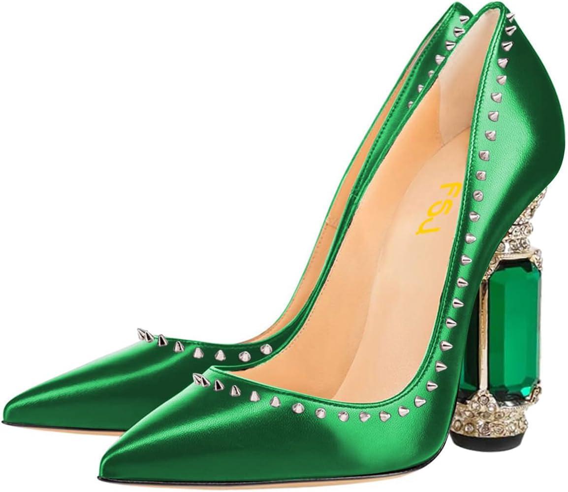 imageFSJ Women Bridal Pointed Toe Chunky Block High Heel Crystal Pumps Slip on Wedding Thick Comfort Evening Dress Studded Rivets ShoesGreen Matte Leather