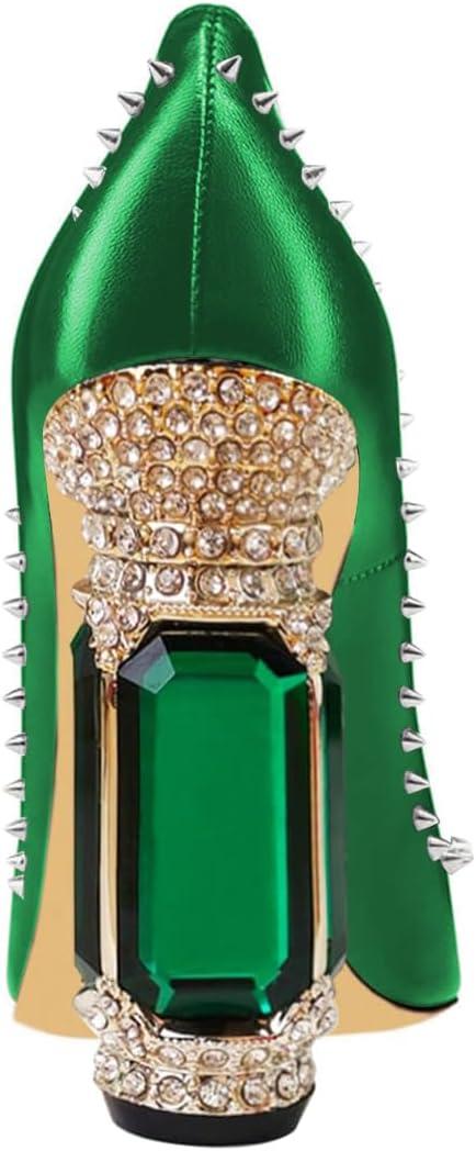 imageFSJ Women Bridal Pointed Toe Chunky Block High Heel Crystal Pumps Slip on Wedding Thick Comfort Evening Dress Studded Rivets ShoesGreen Matte Leather