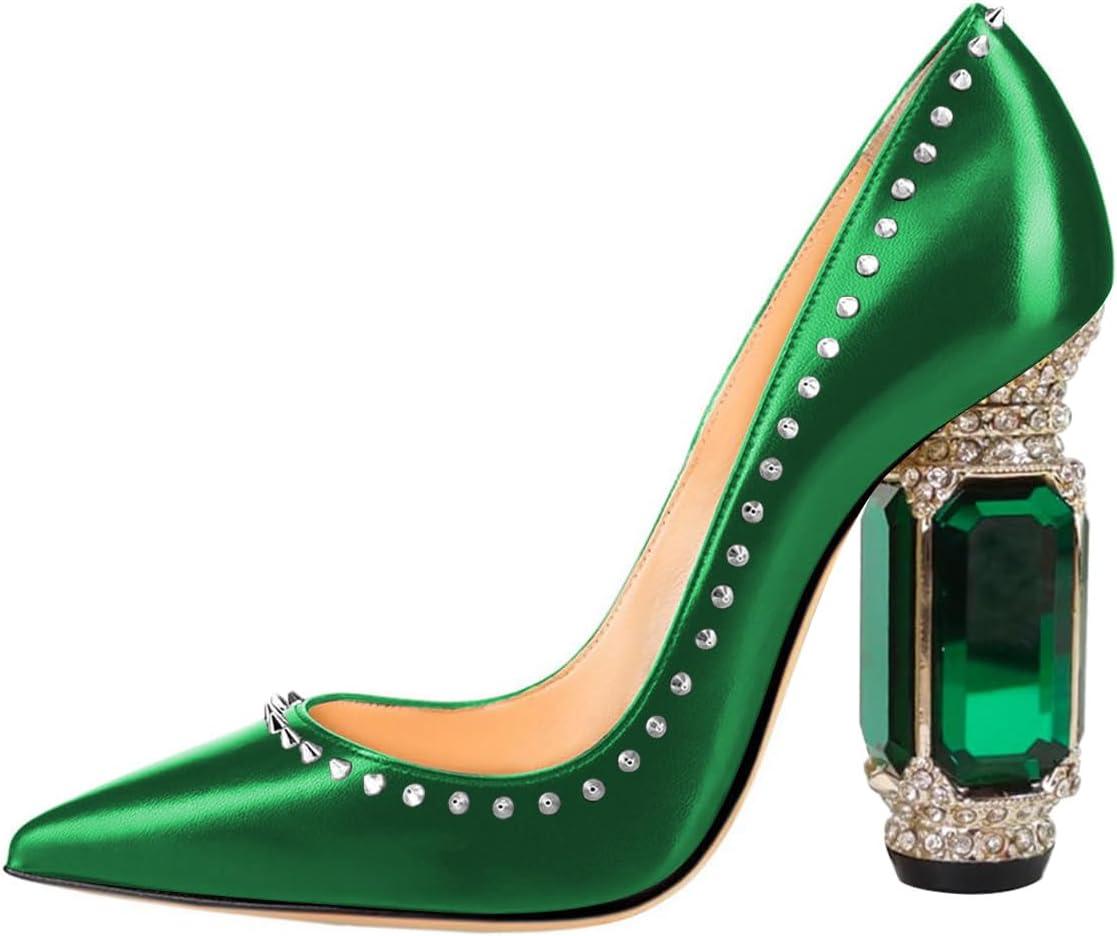 imageFSJ Women Bridal Pointed Toe Chunky Block High Heel Crystal Pumps Slip on Wedding Thick Comfort Evening Dress Studded Rivets ShoesGreen Matte Leather
