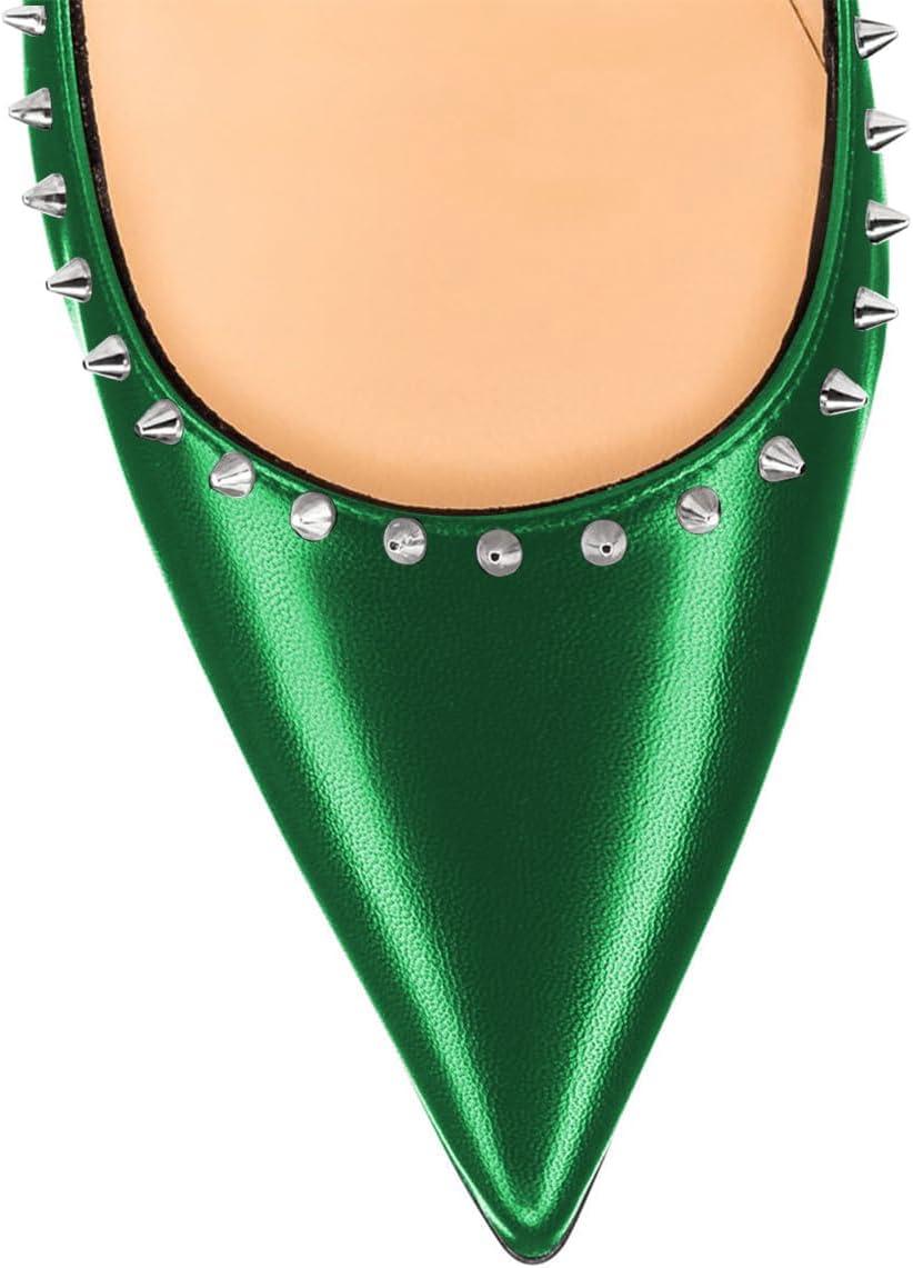 imageFSJ Women Bridal Pointed Toe Chunky Block High Heel Crystal Pumps Slip on Wedding Thick Comfort Evening Dress Studded Rivets ShoesGreen Matte Leather
