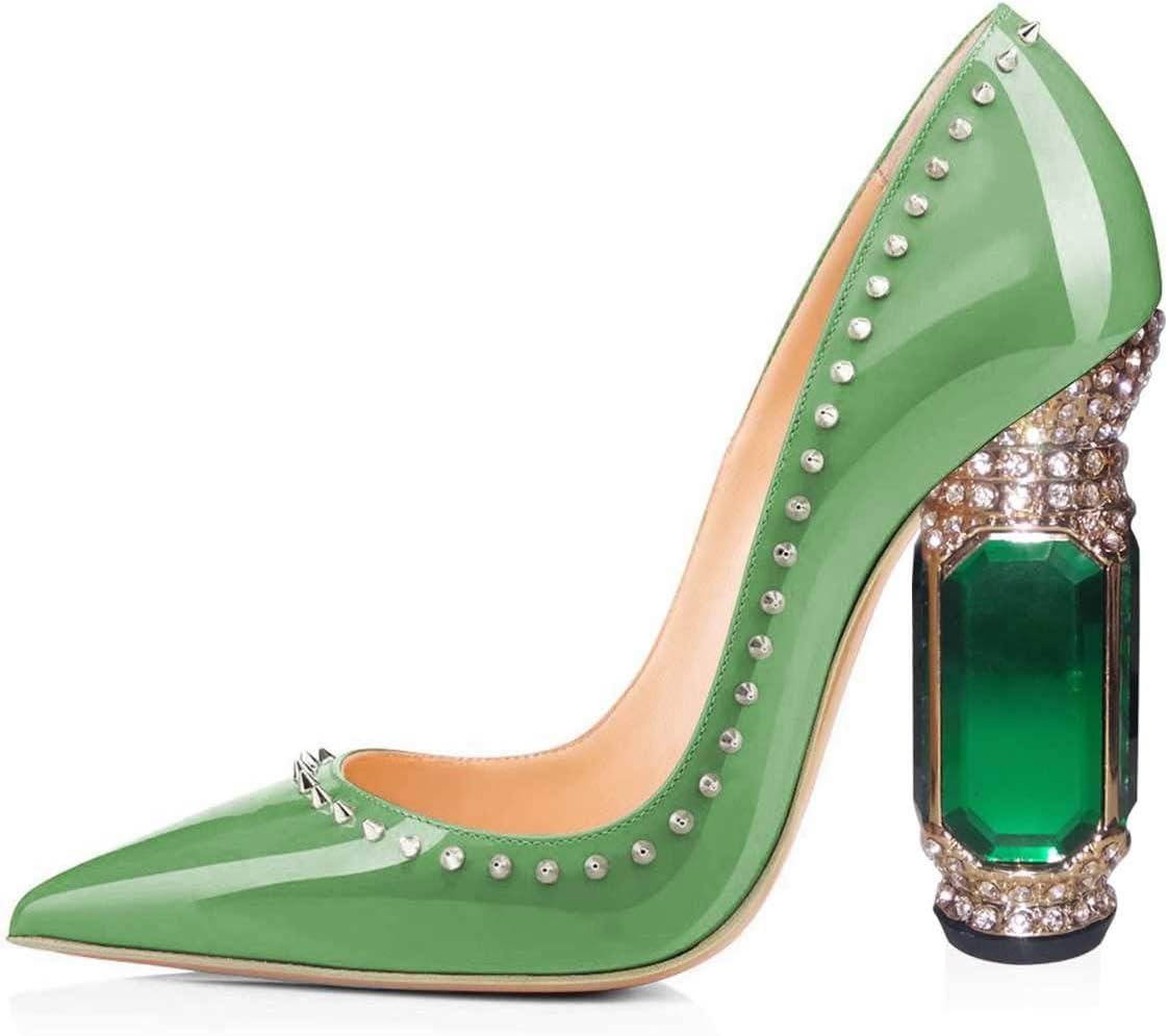 imageFSJ Women Bridal Pointed Toe Chunky Block High Heel Crystal Pumps Slip on Wedding Thick Comfort Evening Dress Studded Rivets ShoesGreen Rivets
