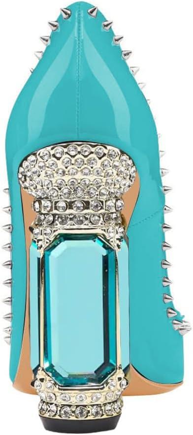 imageFSJ Women Bridal Pointed Toe Chunky Block High Heel Crystal Pumps Slip on Wedding Thick Comfort Evening Dress Studded Rivets ShoesLake Blue