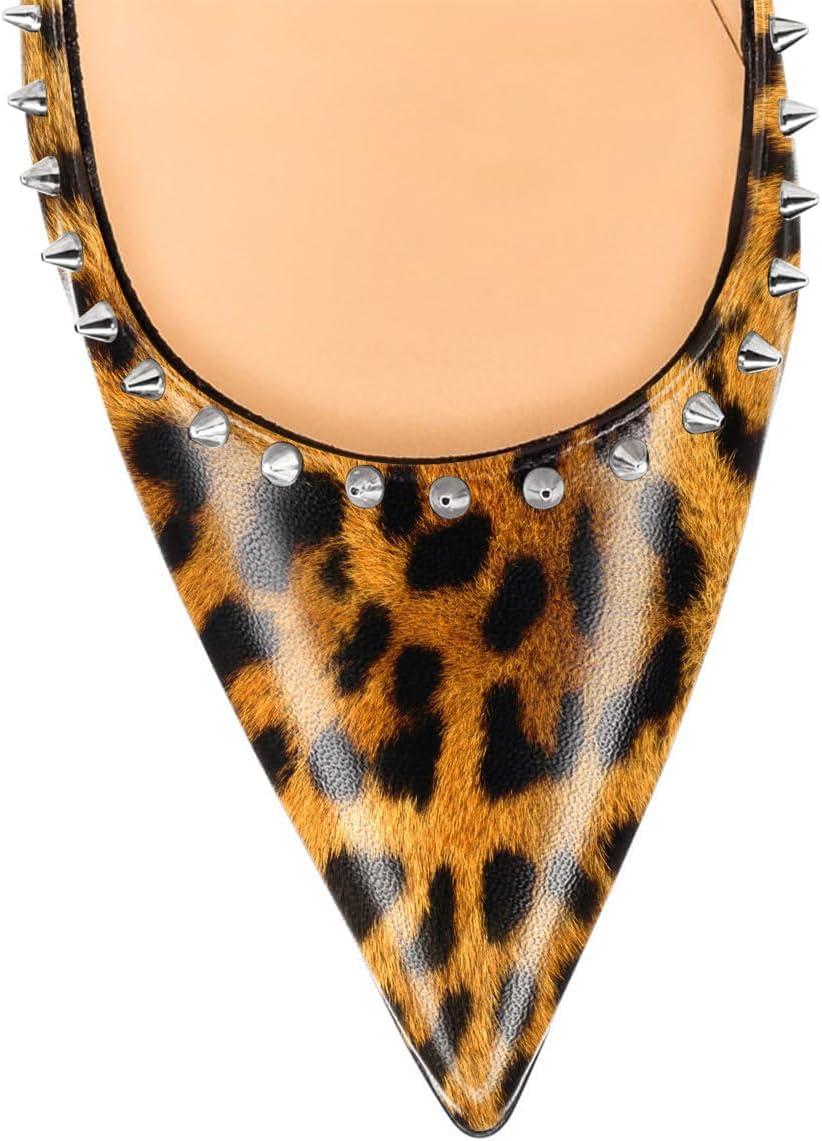 imageFSJ Women Bridal Pointed Toe Chunky Block High Heel Crystal Pumps Slip on Wedding Thick Comfort Evening Dress Studded Rivets ShoesLeopard Print