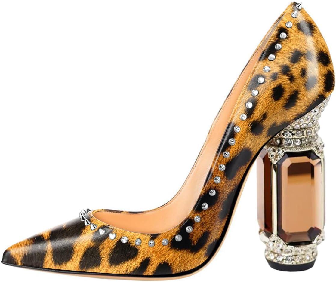 imageFSJ Women Bridal Pointed Toe Chunky Block High Heel Crystal Pumps Slip on Wedding Thick Comfort Evening Dress Studded Rivets ShoesLeopard Print