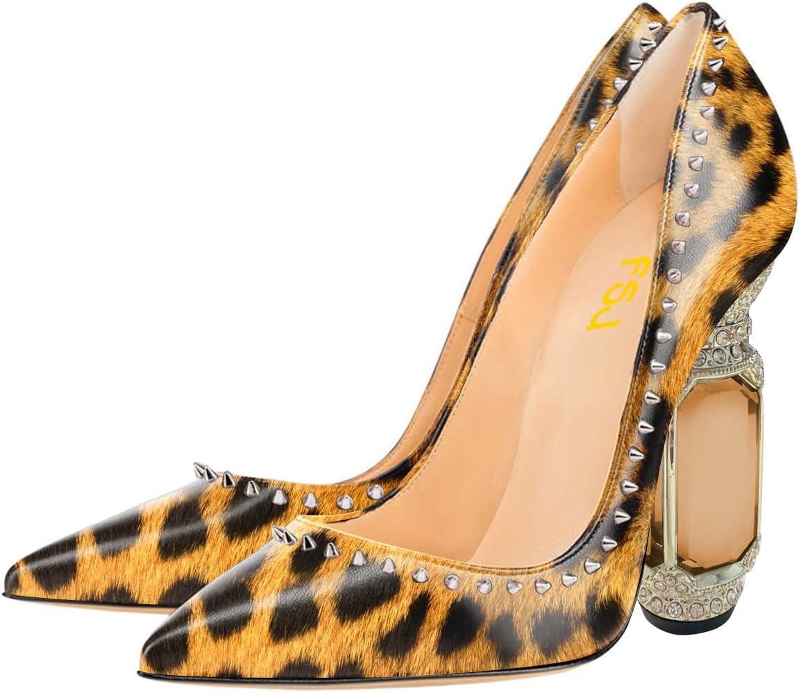 imageFSJ Women Bridal Pointed Toe Chunky Block High Heel Crystal Pumps Slip on Wedding Thick Comfort Evening Dress Studded Rivets ShoesLeopard Print