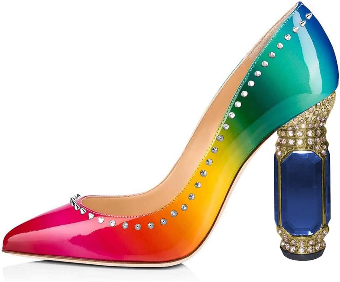imageFSJ Women Bridal Pointed Toe Chunky Block High Heel Crystal Pumps Slip on Wedding Thick Comfort Evening Dress Studded Rivets ShoesMulticolor
