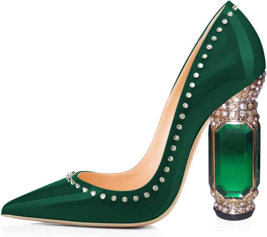 imageFSJ Women Bridal Pointed Toe Chunky Block High Heel Crystal Pumps Slip on Wedding Thick Comfort Evening Dress Studded Rivets ShoesOlive Rivets
