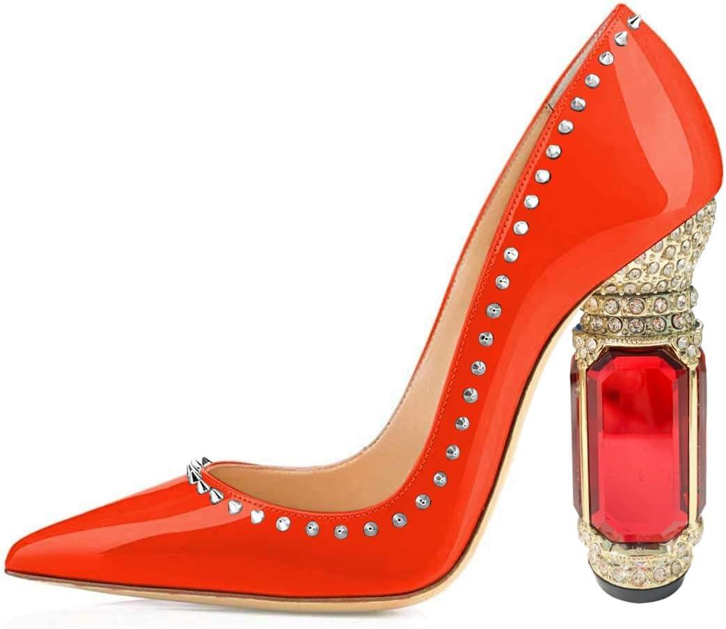 imageFSJ Women Bridal Pointed Toe Chunky Block High Heel Crystal Pumps Slip on Wedding Thick Comfort Evening Dress Studded Rivets ShoesOrange