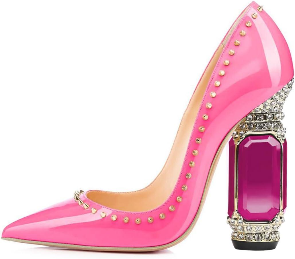imageFSJ Women Bridal Pointed Toe Chunky Block High Heel Crystal Pumps Slip on Wedding Thick Comfort Evening Dress Studded Rivets ShoesPink Crystal Heel