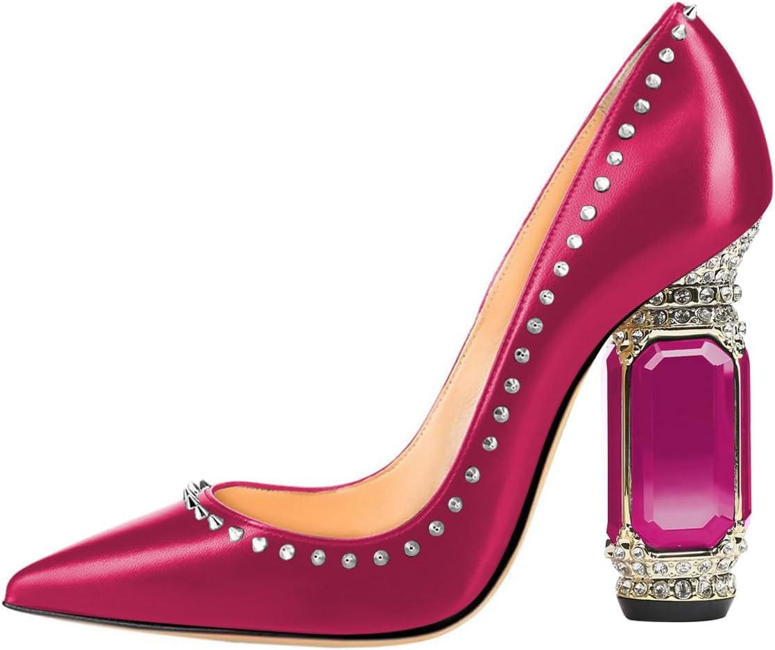 imageFSJ Women Bridal Pointed Toe Chunky Block High Heel Crystal Pumps Slip on Wedding Thick Comfort Evening Dress Studded Rivets ShoesPink Matte Leather