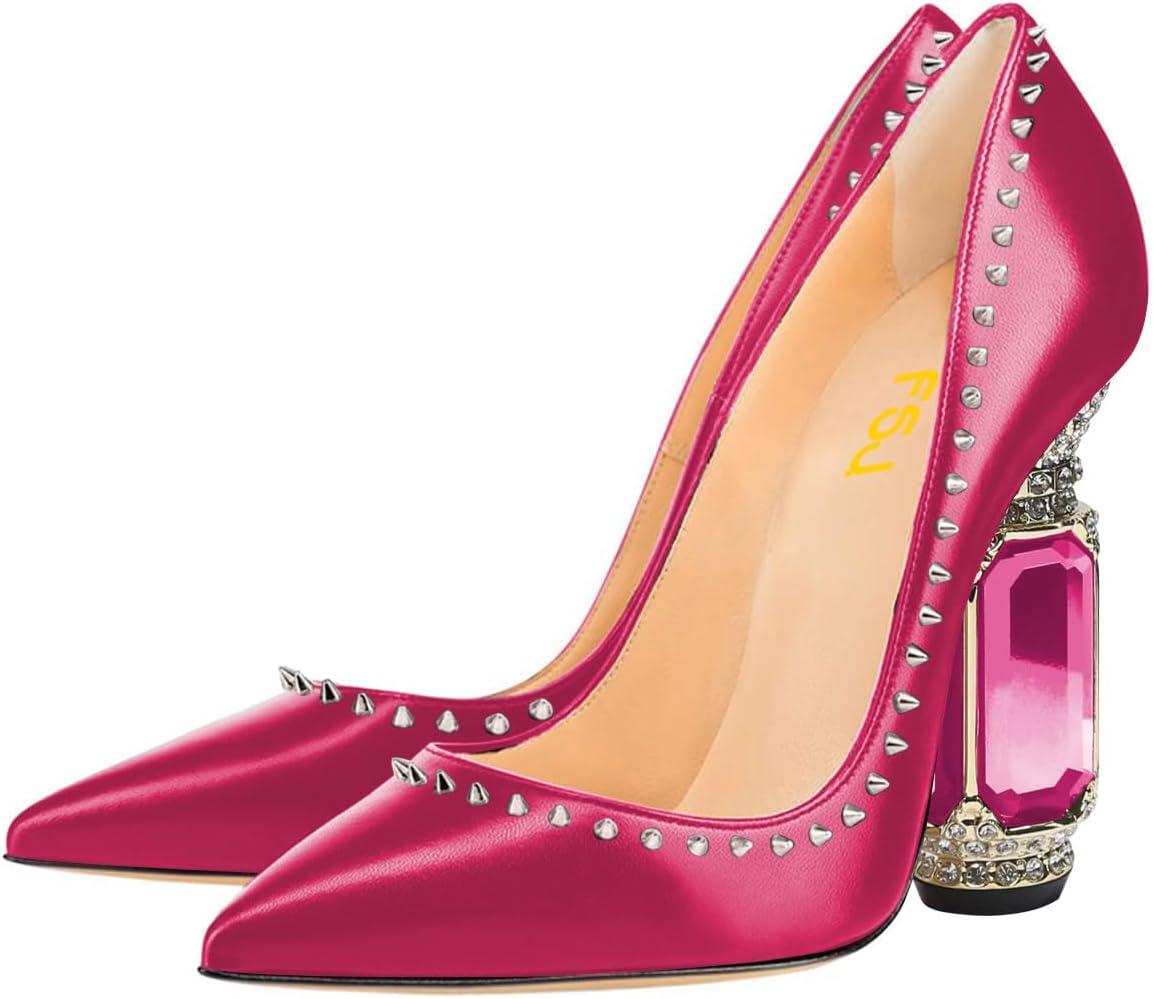 imageFSJ Women Bridal Pointed Toe Chunky Block High Heel Crystal Pumps Slip on Wedding Thick Comfort Evening Dress Studded Rivets ShoesPink Matte Leather