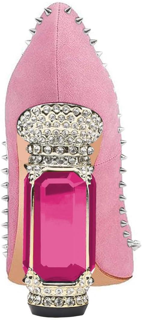 imageFSJ Women Bridal Pointed Toe Chunky Block High Heel Crystal Pumps Slip on Wedding Thick Comfort Evening Dress Studded Rivets ShoesPink Suede