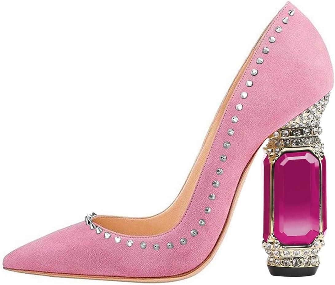 imageFSJ Women Bridal Pointed Toe Chunky Block High Heel Crystal Pumps Slip on Wedding Thick Comfort Evening Dress Studded Rivets ShoesPink Suede