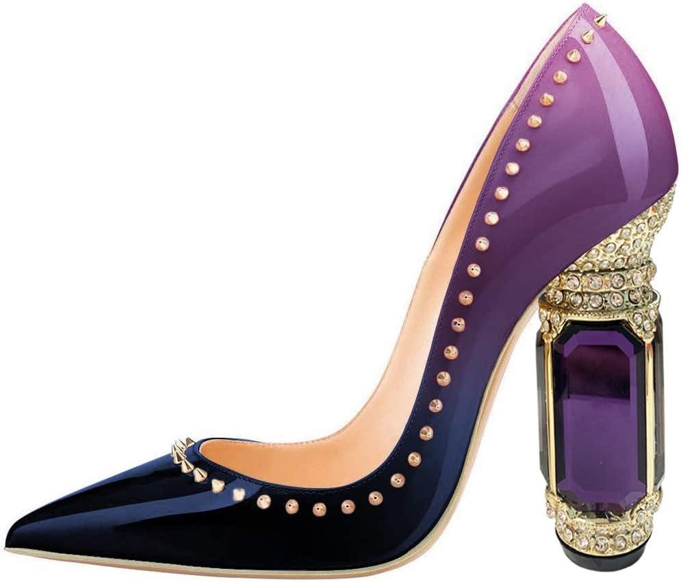 imageFSJ Women Bridal Pointed Toe Chunky Block High Heel Crystal Pumps Slip on Wedding Thick Comfort Evening Dress Studded Rivets ShoesPurple Gradient