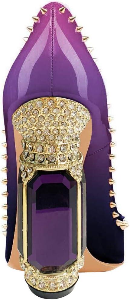 imageFSJ Women Bridal Pointed Toe Chunky Block High Heel Crystal Pumps Slip on Wedding Thick Comfort Evening Dress Studded Rivets ShoesPurple Gradient
