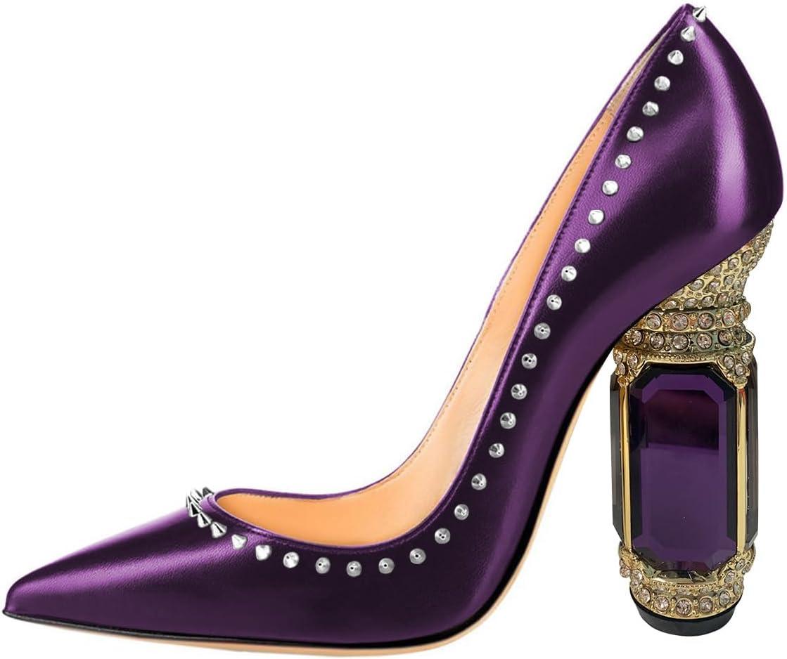 imageFSJ Women Bridal Pointed Toe Chunky Block High Heel Crystal Pumps Slip on Wedding Thick Comfort Evening Dress Studded Rivets ShoesPurple Matte Leather