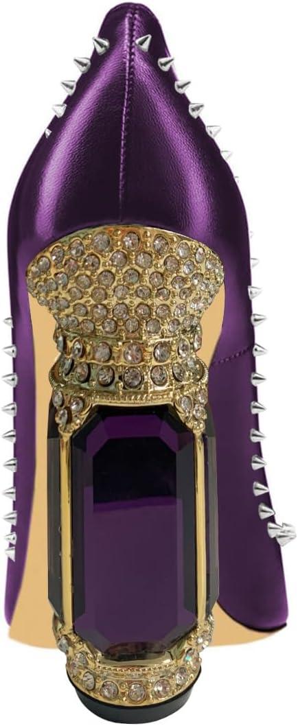 imageFSJ Women Bridal Pointed Toe Chunky Block High Heel Crystal Pumps Slip on Wedding Thick Comfort Evening Dress Studded Rivets ShoesPurple Matte Leather