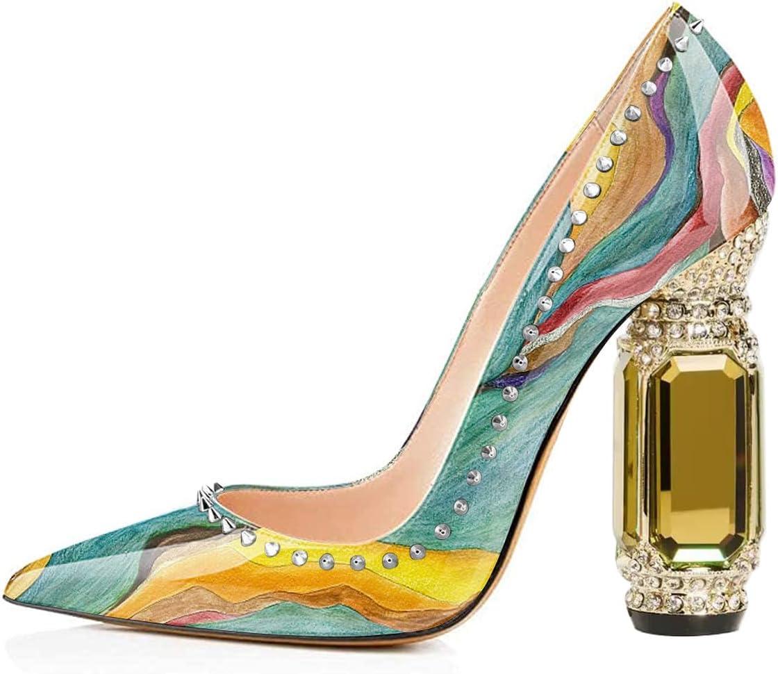 imageFSJ Women Bridal Pointed Toe Chunky Block High Heel Crystal Pumps Slip on Wedding Thick Comfort Evening Dress Studded Rivets ShoesQuicksand