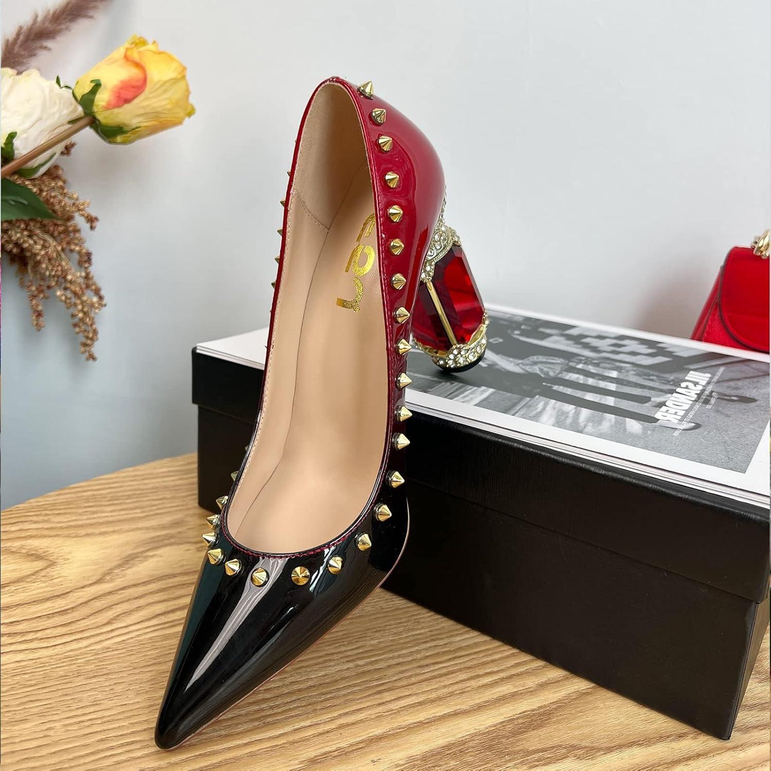 imageFSJ Women Bridal Pointed Toe Chunky Block High Heel Crystal Pumps Slip on Wedding Thick Comfort Evening Dress Studded Rivets ShoesRed Gradient